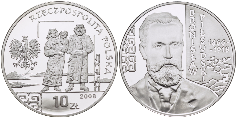 Польша 10 злотых 2008 серия польские путешественники, Бронислав Пилсудский (1866-1918) KM 649 серебро PROOF 1066-2-22