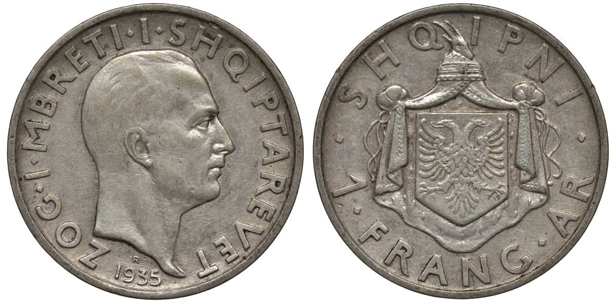 Албания 1 франга ари 1935 R, Ахмет Зогу I (1928-1939) KM 16 серебро 1526-1222
