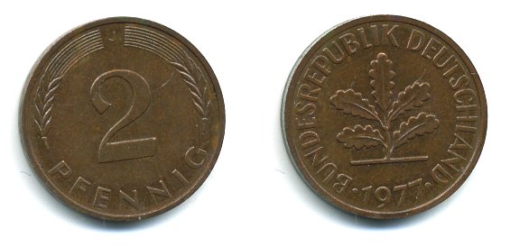 ФРГ 2 пфеннига 1977 J KM 106а, J.381а сталь плакированная медью 3999-1147