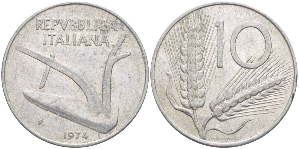 ИТАЛИЯ 10 ЛИР 1974 R, КОЛОСЬЯ, ПЛУГ KM 93 алюминий 4551-221