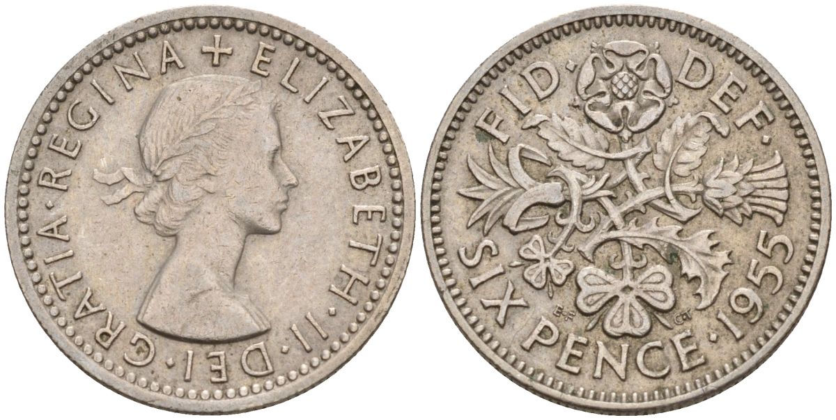 Великобритания 6 пенсов 1955 Елизавета II (1952-2022) KM 903, Spink 4149 медно-никель 4154-235