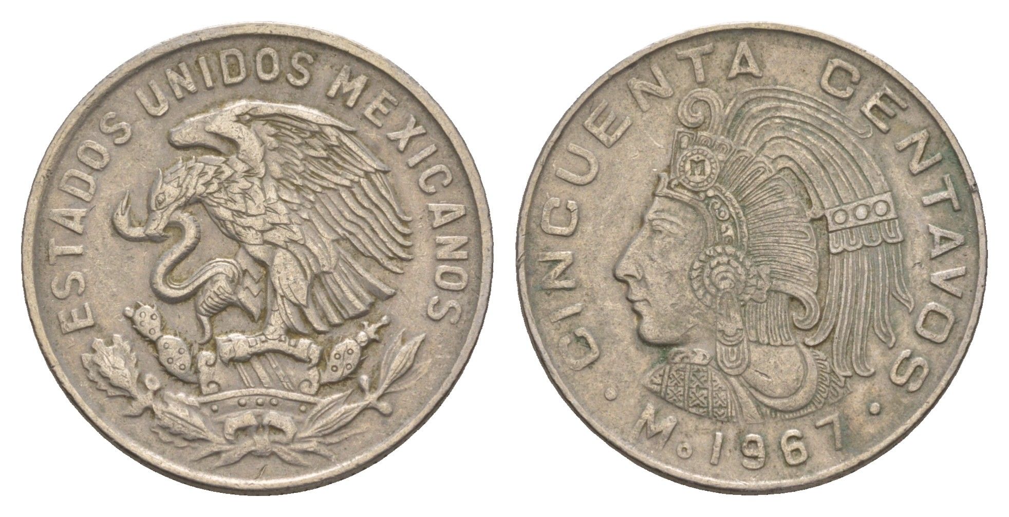Мексика 50 сентаво 1967 Куаутемок, последний правитель империи ацтеков KM 451 медно-никель 4656-1156