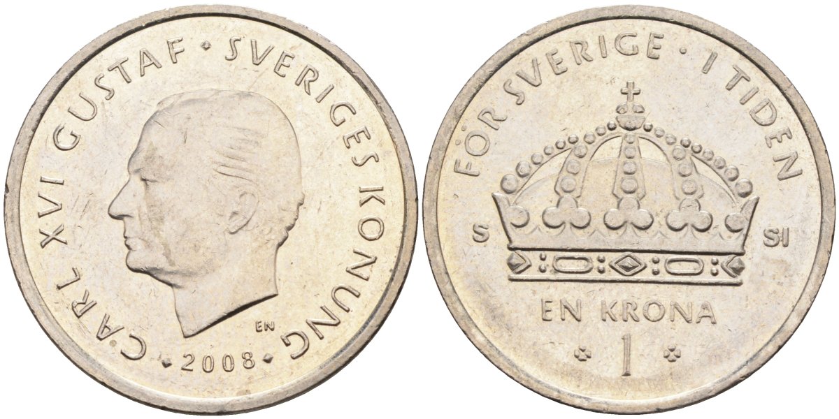 Швеция 1 крона 2008 Карл XVI Густав (1973- ) KM 894 медно-никель 4395-1155