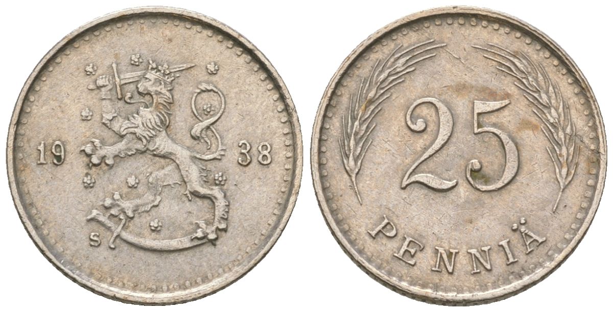 Финляндия 25 пенни 1938 S KM 25 медно-никель 4174-959