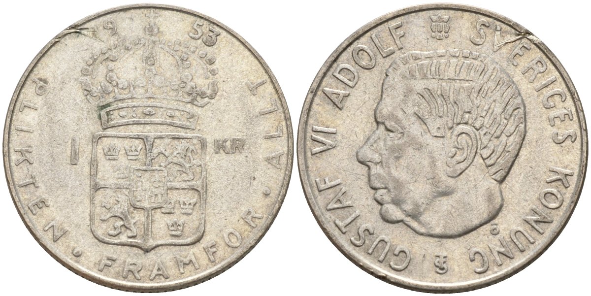 Швеция 1 крона 1953 TS, Густав VI Адольф (1950-1973) KM 826 серебро 4148-1133