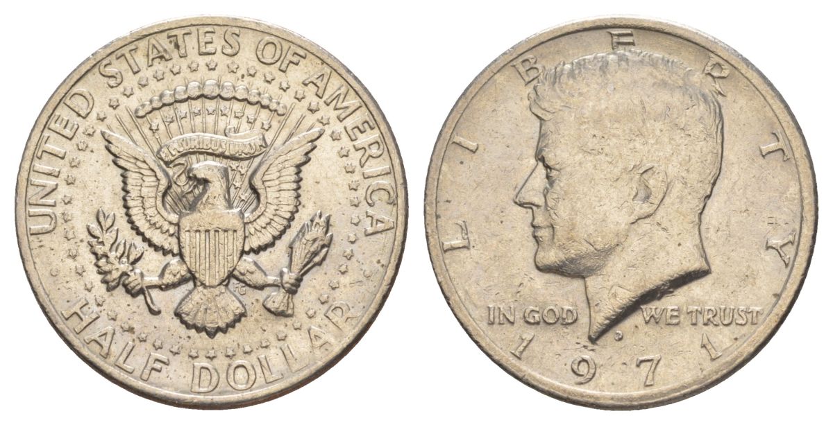 США 1/2 доллара (50 центов) 1971 D, Джон Кеннеди KM 202b медь плакированная медно-никелем aUNC 81-415