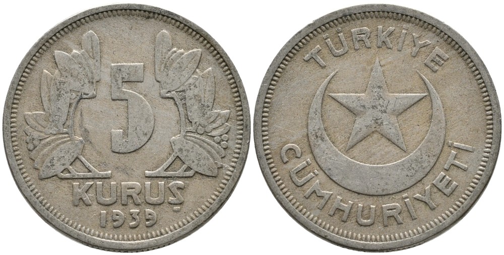 ТУРЦИЯ 5 КУРУШЕЙ 1939 KM 862 медно-никель 4541-247