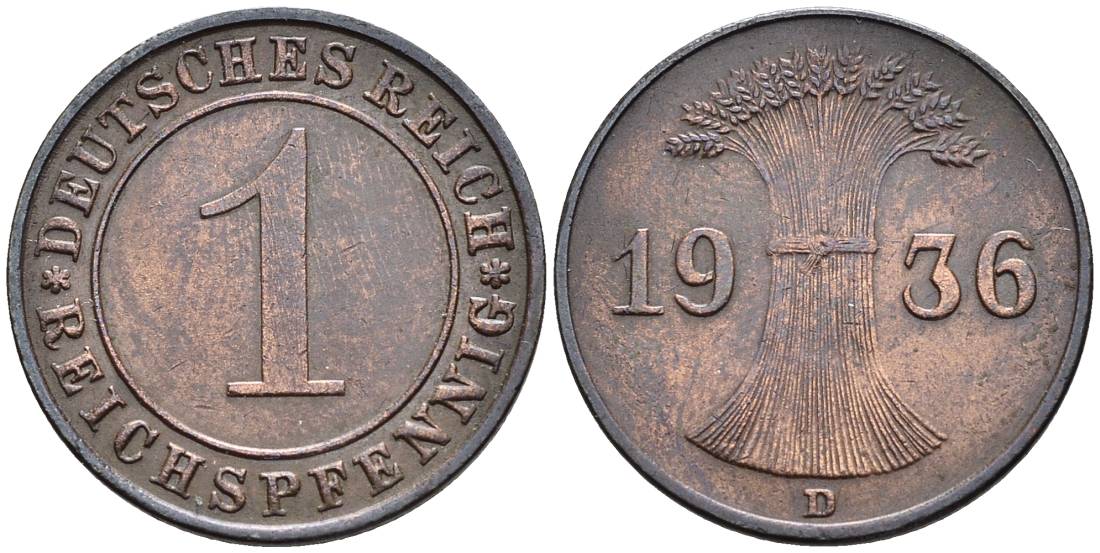 ГЕРМАНИЯ 1 РЕЙХСПФЕННИГ 1936 D KM 37, J. 313, Weege 2 бронза 4547-226