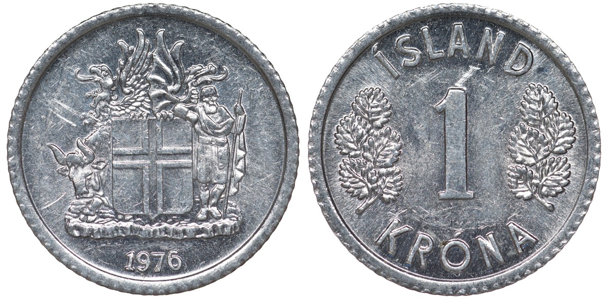 Исландия 1 крона 1976 KM 23 алюминий 4124-453