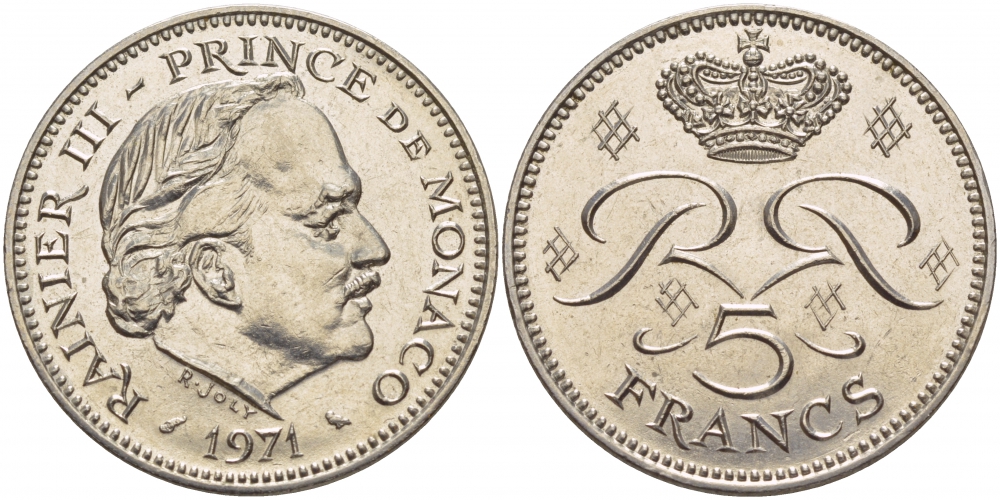 Монако 5 франков 1971 Ренье III (1949-2005) KM 150 медно-никель плакированный никелем 51-1522