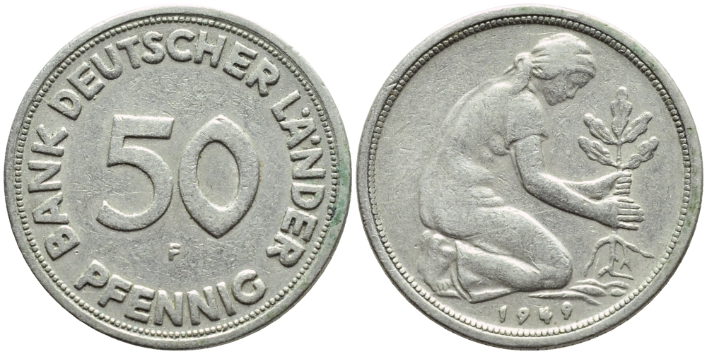 ФРГ 50 пфеннигов 1949 F KM 104, J. 379 медно-никель 4392-1023