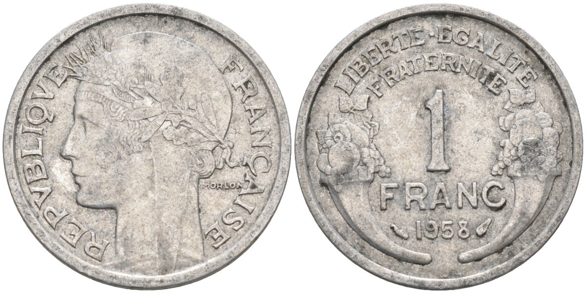 Франция 1 франк 1958 тип Lourde KM 885а, Le Franc 221.21 алюминий 4126-912