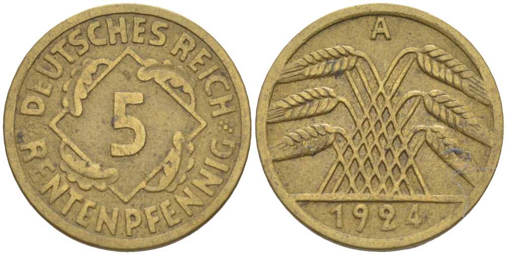 ГЕРМАНИЯ 5 РЕНТЕНПФЕННИГОВ 1924 A KM 32, J. 308, Weege 6 алюминиевая бронза 211-543