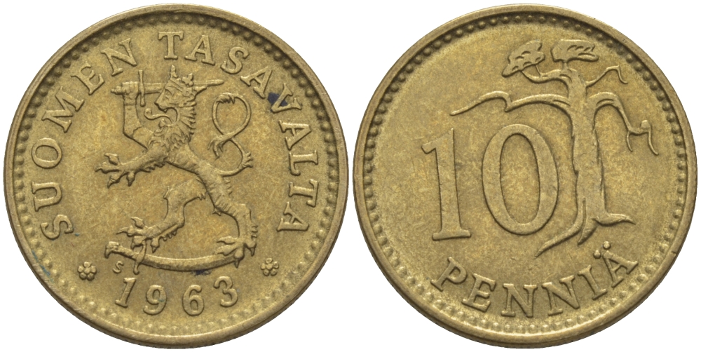 ФИНЛЯНДИЯ 10 ПЕННИ 1963 S KM 46 алюминиевая бронза 100-168