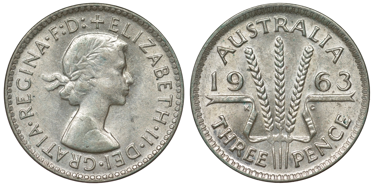 Австралия 3 пенса 1963 m, Елизавета II (1952-2022) KM 57 серебро 71-842