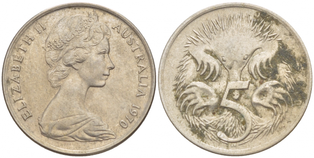 АВСТРАЛИЯ 5 ЦЕНТОВ 1970 ЕЛИЗАВЕТА II, МОЛОДОЙ ПОРТРЕТ, ЕХИДНА KM 64 медно-никель 4532-554