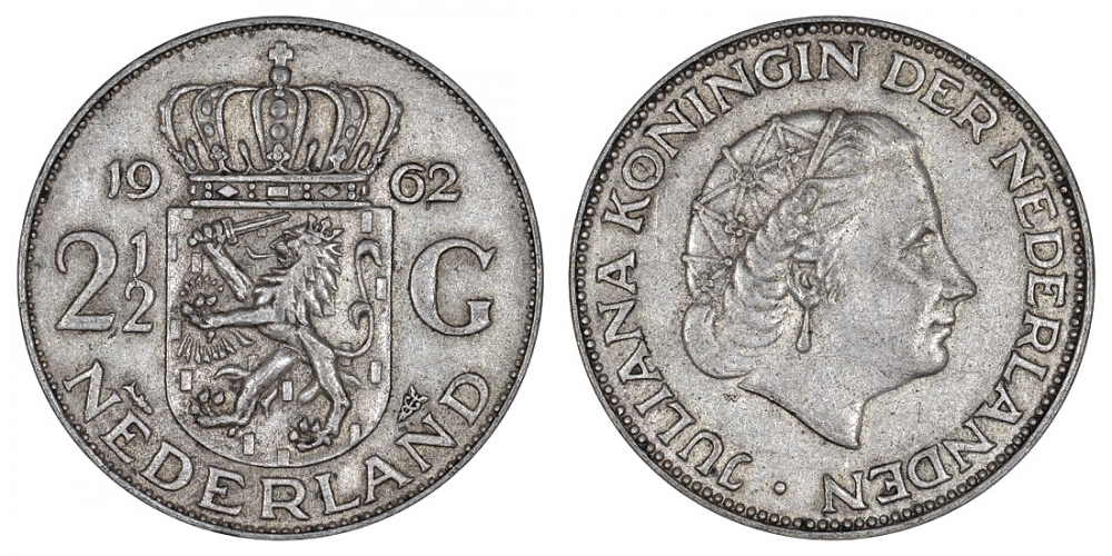 Нидерланды 2 1/2 гульдена 1962 Юлиана (1848-1980) KM 185 серебро 413-3635