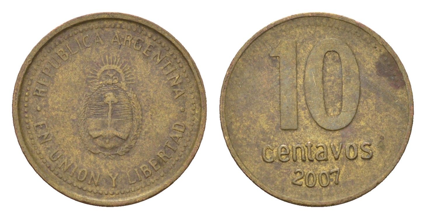 Аргентина 10 сентаво 2007 KM 107a сталь плакированная латунью 4679-814