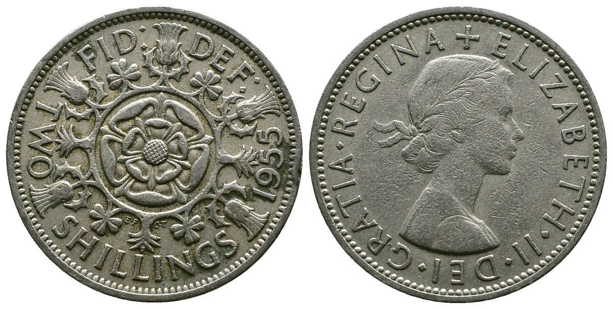 Великобритания 2 шиллинга (флорин) 1955 Елизавета II (1952-2022) KM 906, Spink 4146 медно-никель 4607-913