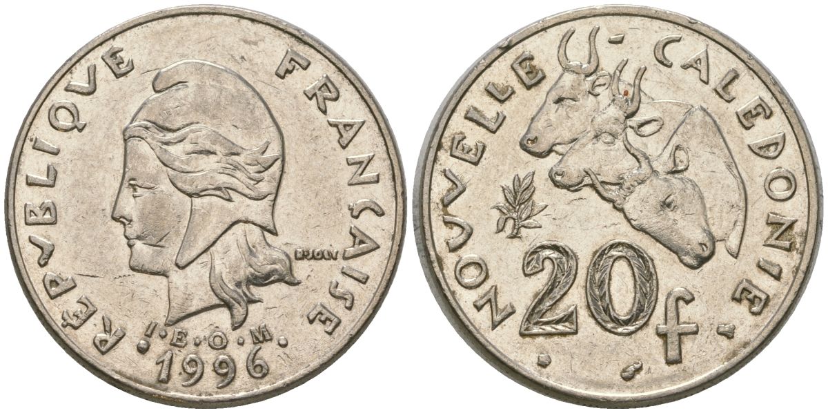 Французская Новая Каледония 20 франков 1996 три быка, (IEOM) KM 12, Schoen 14, Lec 115a никель 4131-413