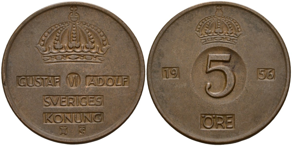 Швеция 5 эре 1956 Густав VI Адольф (1950-1973) KM 822 бронза 4159-556