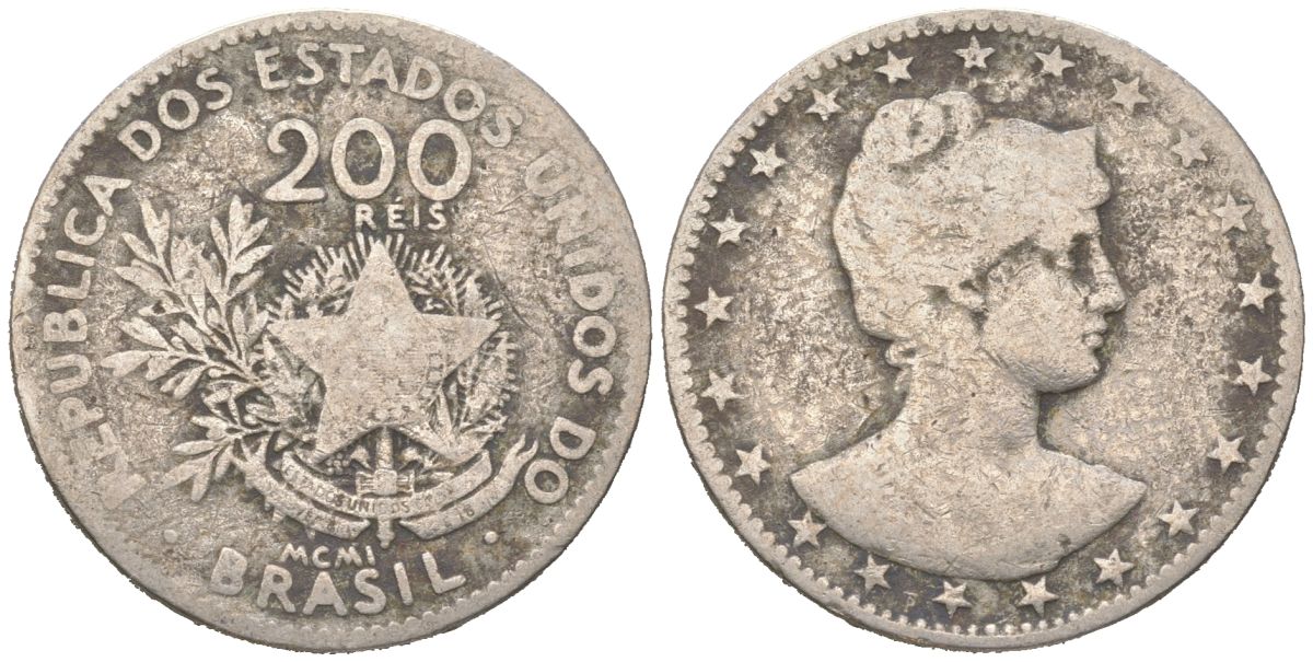 Бразилия 200 реалов 1901 MCMI, голова свободы вправо KM 504 медно-никель 4612-214