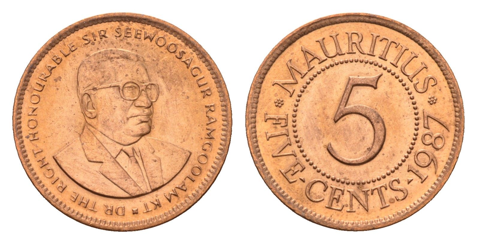 Маврикий 5 центов 1987 KM 52 сталь плакированная медью UNC 4679-616