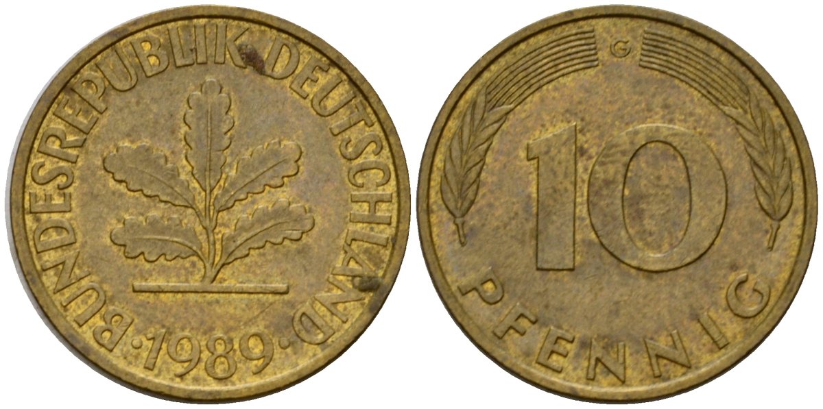 ФРГ 10 пфеннигов 1989 G KM 108, J. 383 сталь плакированная латунью 4603-1137