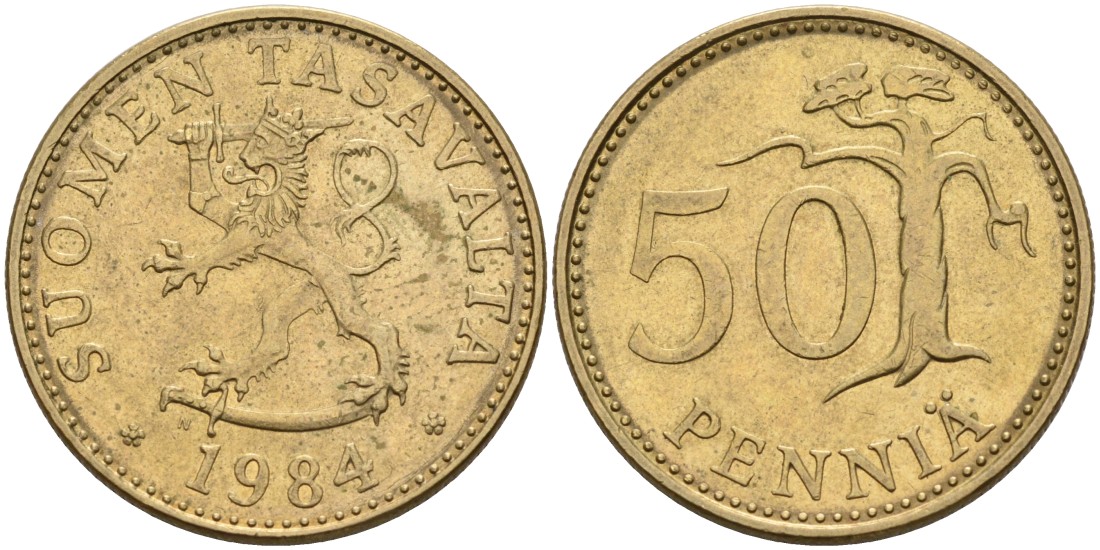 ФИНЛЯНДИЯ 50 ПЕННИ 1984 N KM 48 алюминиевая бронза 4563-443