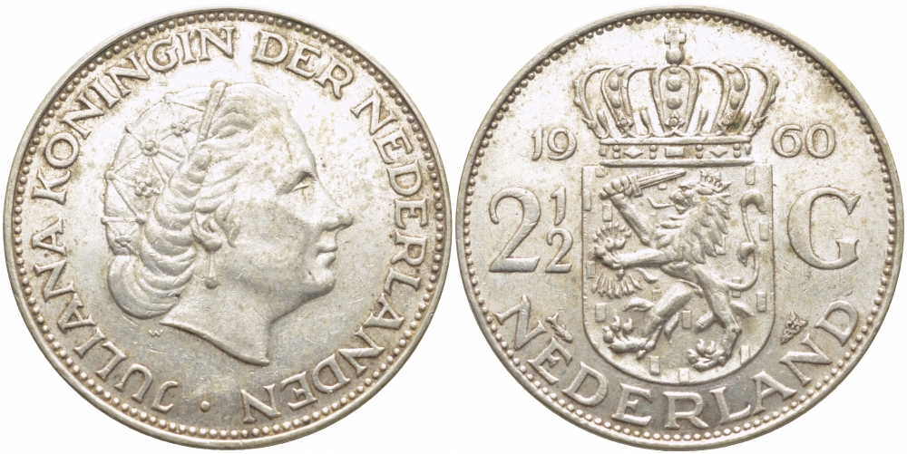 Нидерланды 2 1/2 гульдена 1960 Юлиана (1948-1980) KM 185 серебро 114-523