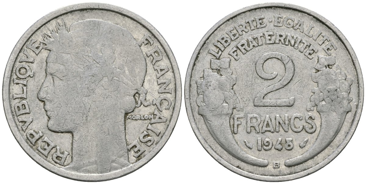 Франция 2 франка 1948 В KM 886a.2, LE FRANC 269.13 алюминий 81-432