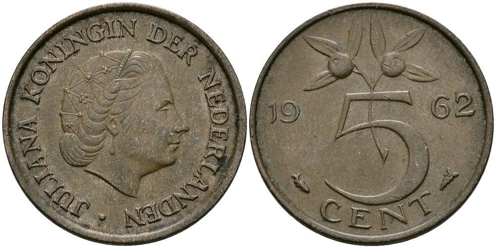 НИДЕРЛАНДЫ 5 ЦЕНТОВ 1962 ЮЛИАНА KM 181 бронза 95-353