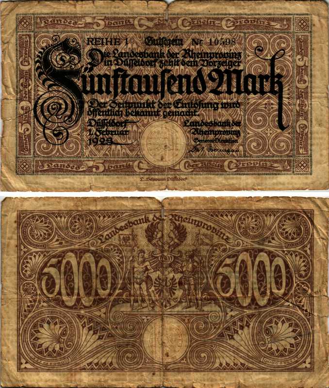 ДЮССЕЛЬДОРФ 5000 МАРОК 1923 1 ФЕВРАЛЯ 1923, REIHE I, НОТГЕЛЬД, БАНК RHEINPROVINZ бумага 7219-4-2