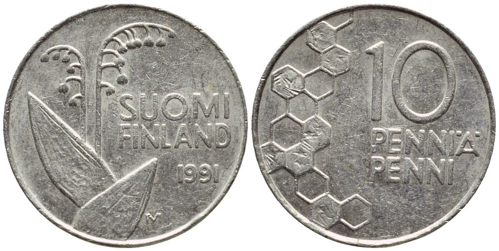 ФИНЛЯНДИЯ 10 ПЕННИ 1991 ЛАНДЫШ KM 65 медно-никель 4383-447
