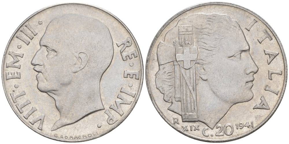 ИТАЛИЯ 20 ЧЕНТЕЗИМО 1941 R, ГОД XIX, ВИКТОР ЭММАНУИЛ III (1900-1946) KM 75b, VEM3. 1028 нержавеющая сталь 3853-842