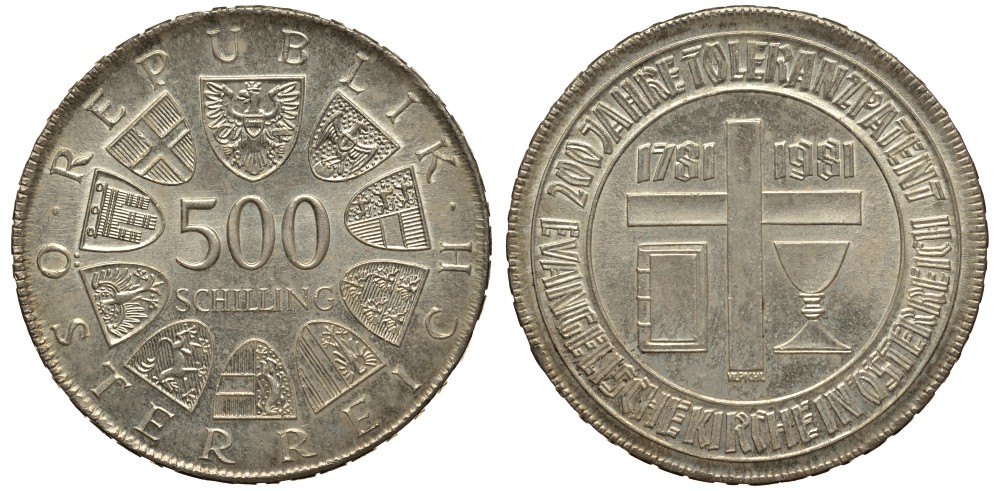 Австрия 500 шиллингов 1981 200 лет религиозной терпимости  KM 2954 серебро 413-4724
