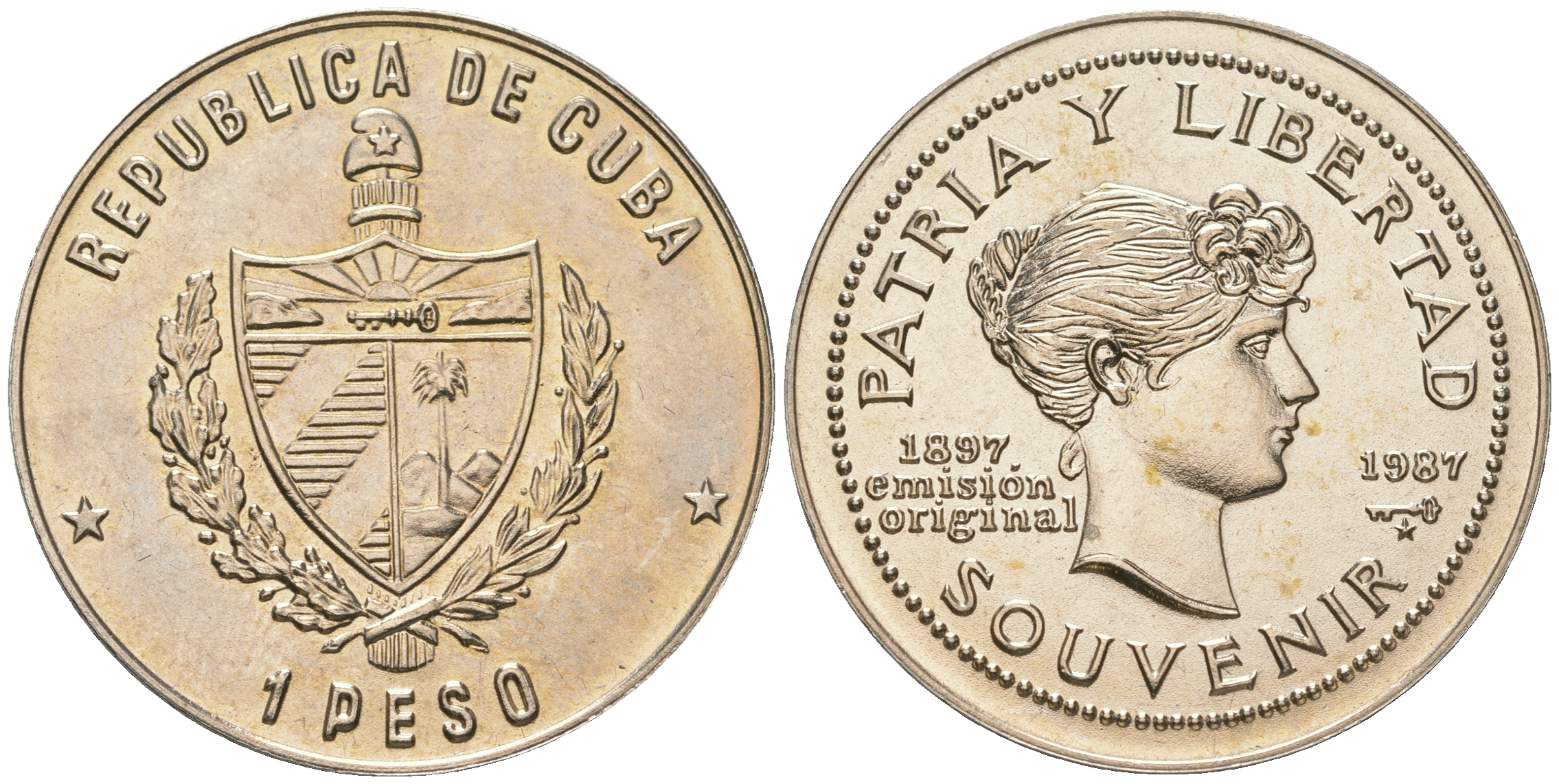 Куба 1 песо 1987 90 лет "сувенирного" песо KM 165 медно-никель UNC 4165-1116