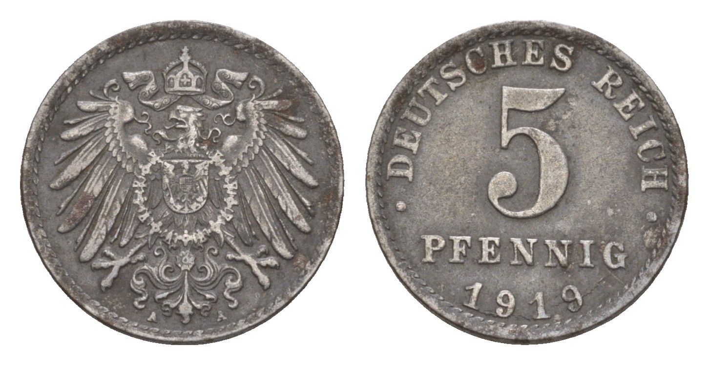 Германия 5 пфеннигов 1919 A KM 19, J. 297 железо плакированная цинков 4659-149