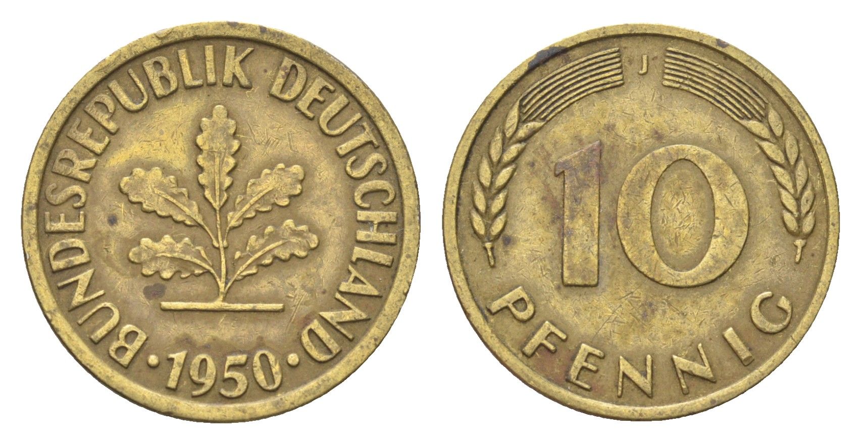 ФРГ 10 пфеннигов 1950 J KM 108, J. 383 сталь плакированная латунью 4705-466