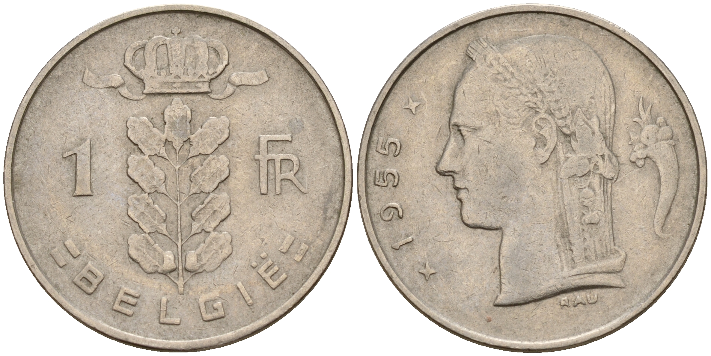 Бельгия 1 франк 1955 Belgie KM 143.1 медно-никель    4187-126