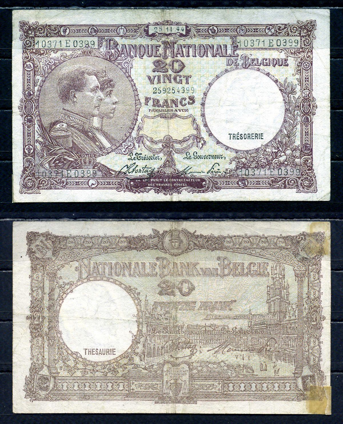 Бельгия 20 франков 1944 25.11.1944, Король Альберт I и его жена Королева Елизавета, Гран-Плас / Гроте Маркт, Брюссель Pick 111 (3) бумага 6301-9-1-2