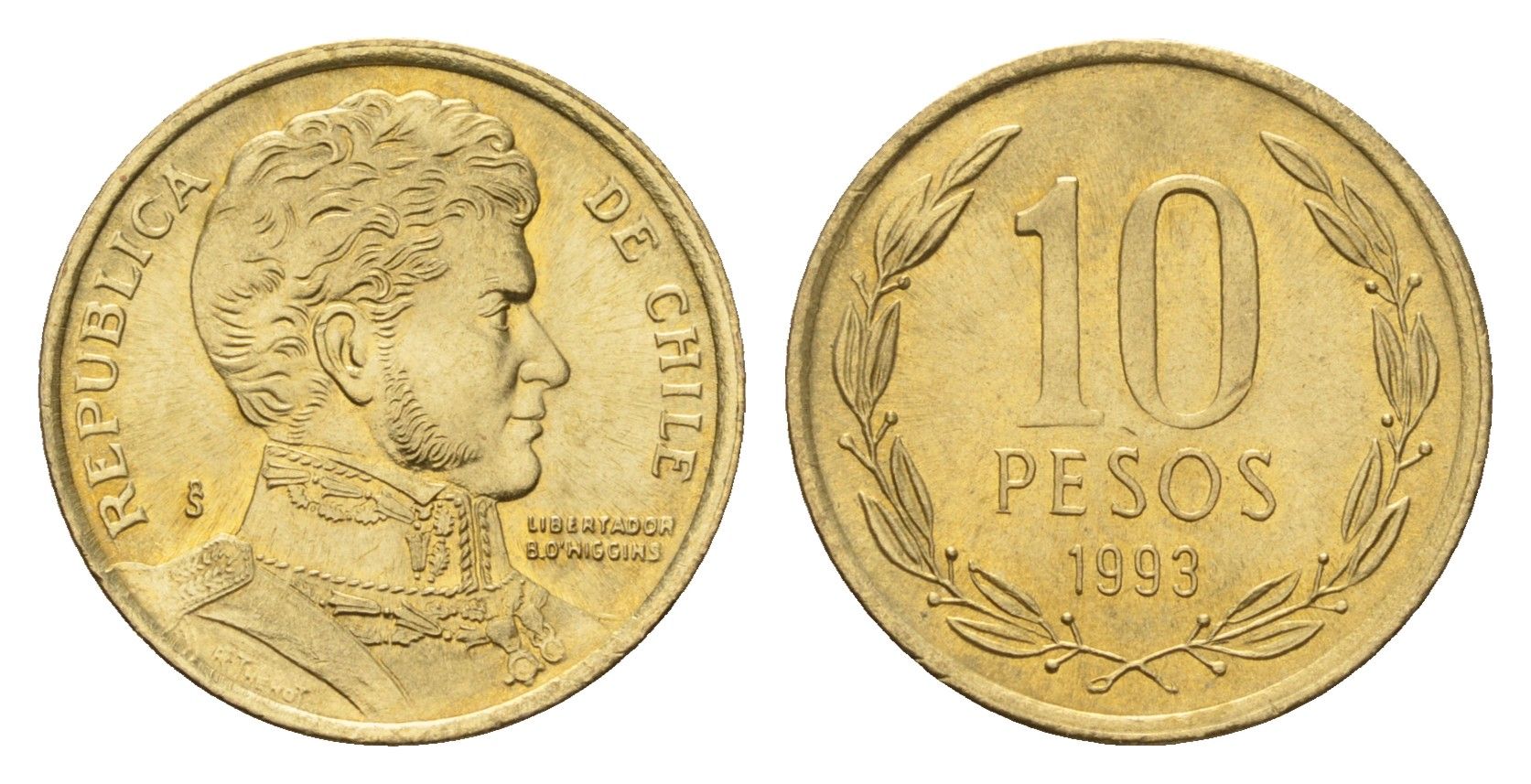 Чили 10 песо 1993 KM 228 никель латунь UNC 4669-1137