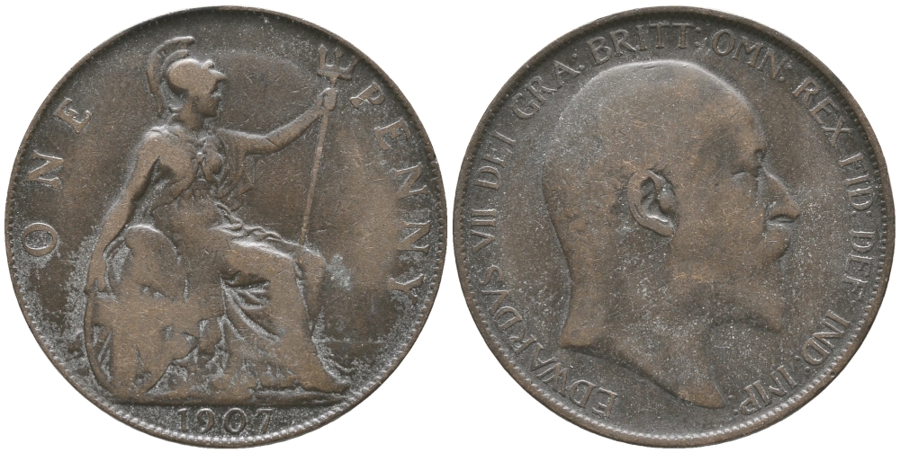 Великобритания 1 пенни 1907 Эдуард VII (1901-1910) KM 794.2, Spink 3990 бронза 32-444