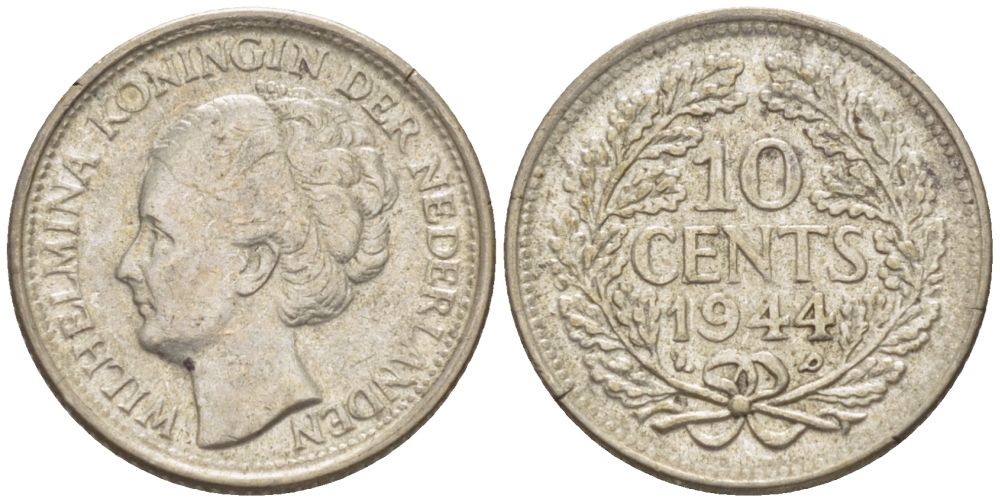 Нидерланды 10 центов 1944 Вильгельмина (1890-1948) KM 163 серебро aUNC 66-1244