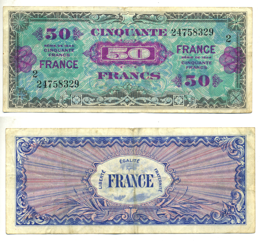 ФРАНЦИЯ 50 ФРАНКОВ 1944 БЛОК 2 , ВТОРОЙ ВЫПУСК Pick 122b бумага 3295-91-3