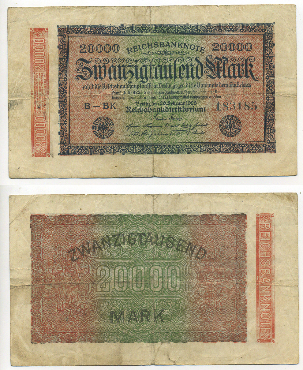 ГЕРМАНИЯ 20000 МАРОК 1923 20 ФЕВРАЛЯ 1923, ВОДЯНОЙ ЗНАК Е, В ЗВЁЗДАХ G/D Pick 85b бумага 6317-29-3