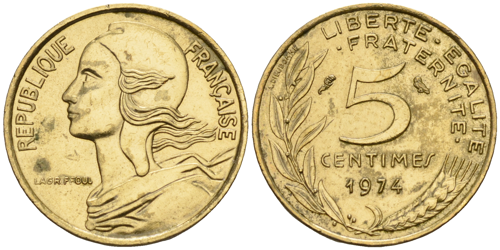 Франция 5 сантимов 1974 тип Марианна KM 933 медь алюминий никель    4152-1224