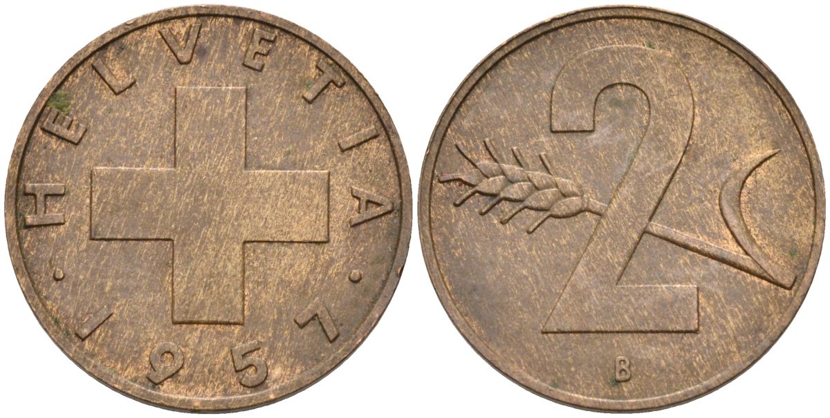 Швейцария 2 раппена 1957 В KM 47 бронза 4591-1124