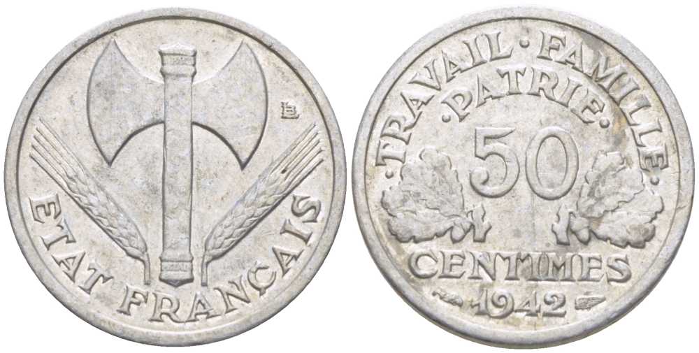 ФРАНЦИЯ 50 САНТИМОВ 1942 ТИП FRANCISQUE, LOURDE, ПРАВИТЕЛЬСТВО ВИШИ KM 914.1, LE FRANC 195.2 алюминий 201-861