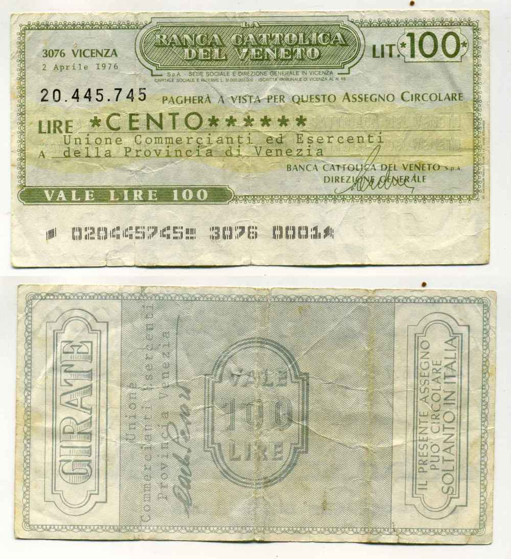 Италия чек на 100 лир 1976 Banca cattolica del veneto, союз торговцев И участников провинции венеция, 2 апреля 1976 бумага 8588-13-1-1